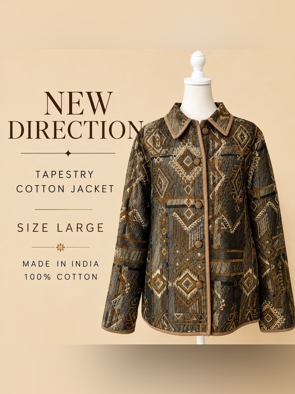 New Direction Vintage Tapestry Jacket Large 100% Cotton Geometric Boho